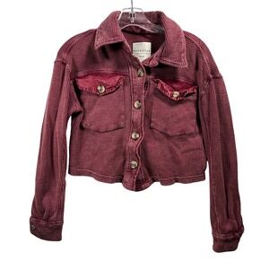 Bagatelle Collection Burgundy Waffle Knit Cropped Shacket Shirt Jacket XS Cotton